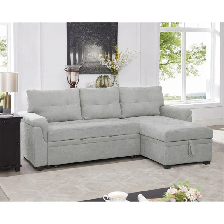 Divano componibile convertibile reversibile con letto estraibile, chaise longue con contenitore nascosto e gambe durevoli