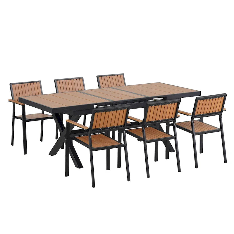 Set da pranzo da esterno allungabile a 7 pezzi con tavolo allungabile e 6 sedie con braccioli