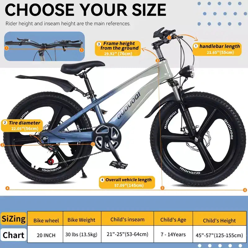 NAYSAYE Bicicletta da montagna per bambini da 20 pollici con trasmissione a 7 velocità e telaio in lega di magnesio per ragazzi e ragazze di età 8-12 anni, 57.09*21.65*29.92