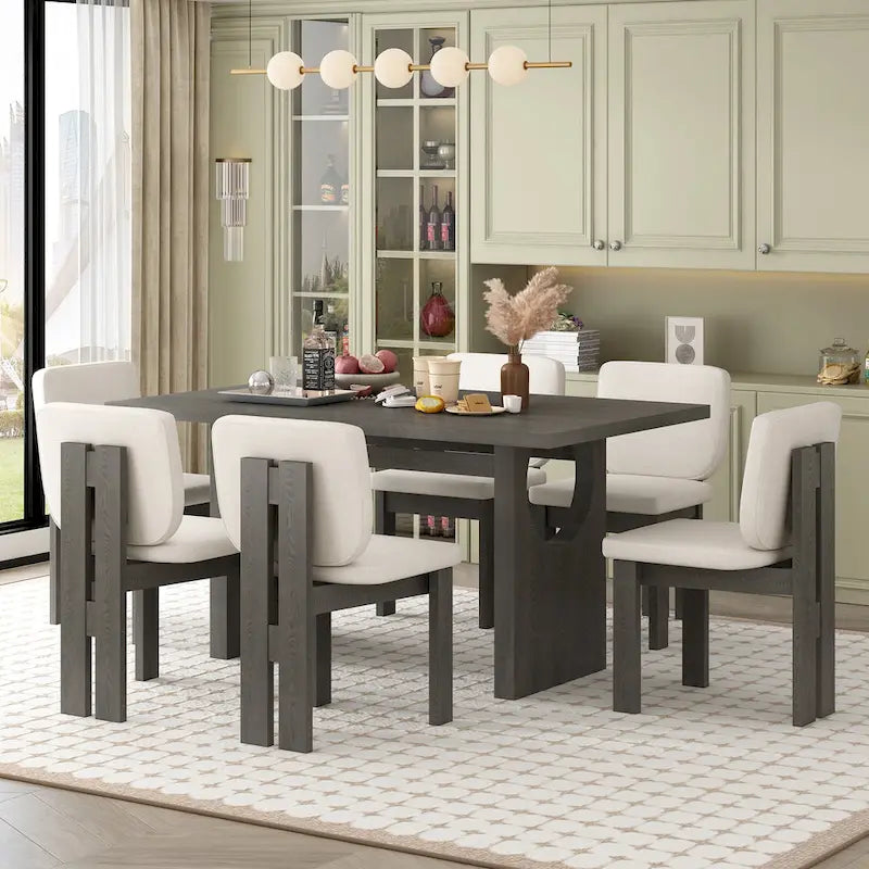 Set da Pranzo da 7 Pezzi, Set Tavolo da Cucina in Legno Massello con Tavolo Rettangolare, Base a Cavalletto e 6 Sedie Imbottite