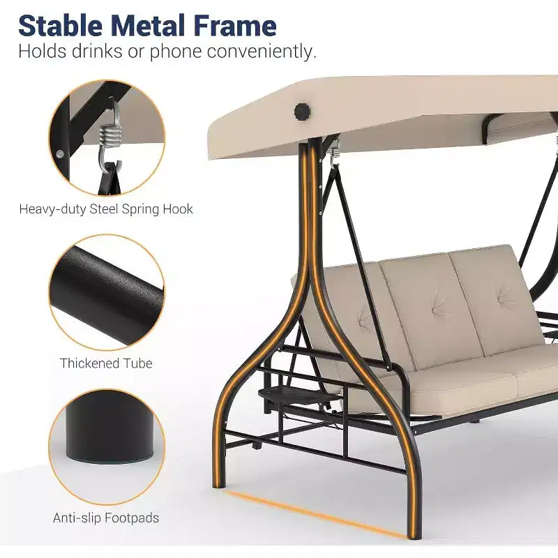 Dondolo da Esterno 2 in 1 Convertibile a 3 Posti con Tettuccio Regolabile, Letto a Dondolo da Patio con Struttura, Cuscini Spessi e Portabicchieri, per Cortile, Giardino, Portico