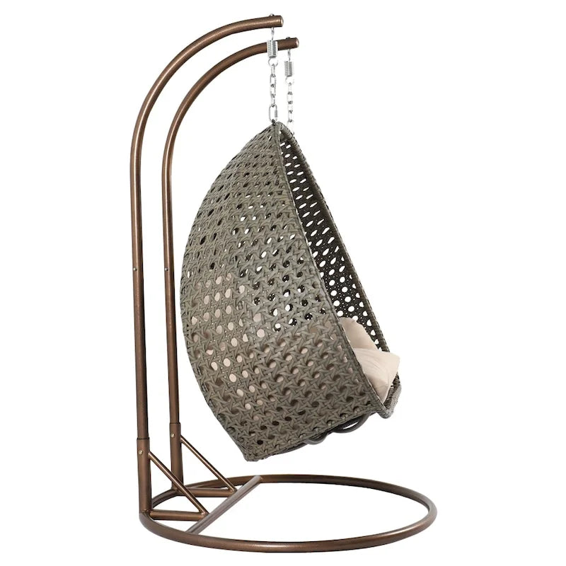 Sedia sospesa a dondolo a forma di uovo con supporto in metallo, telaio in vimini e cuscino – Beige / Blu antracite / Bianco / Blu / Bianco antico / Marrone / Tela, 2 posti
