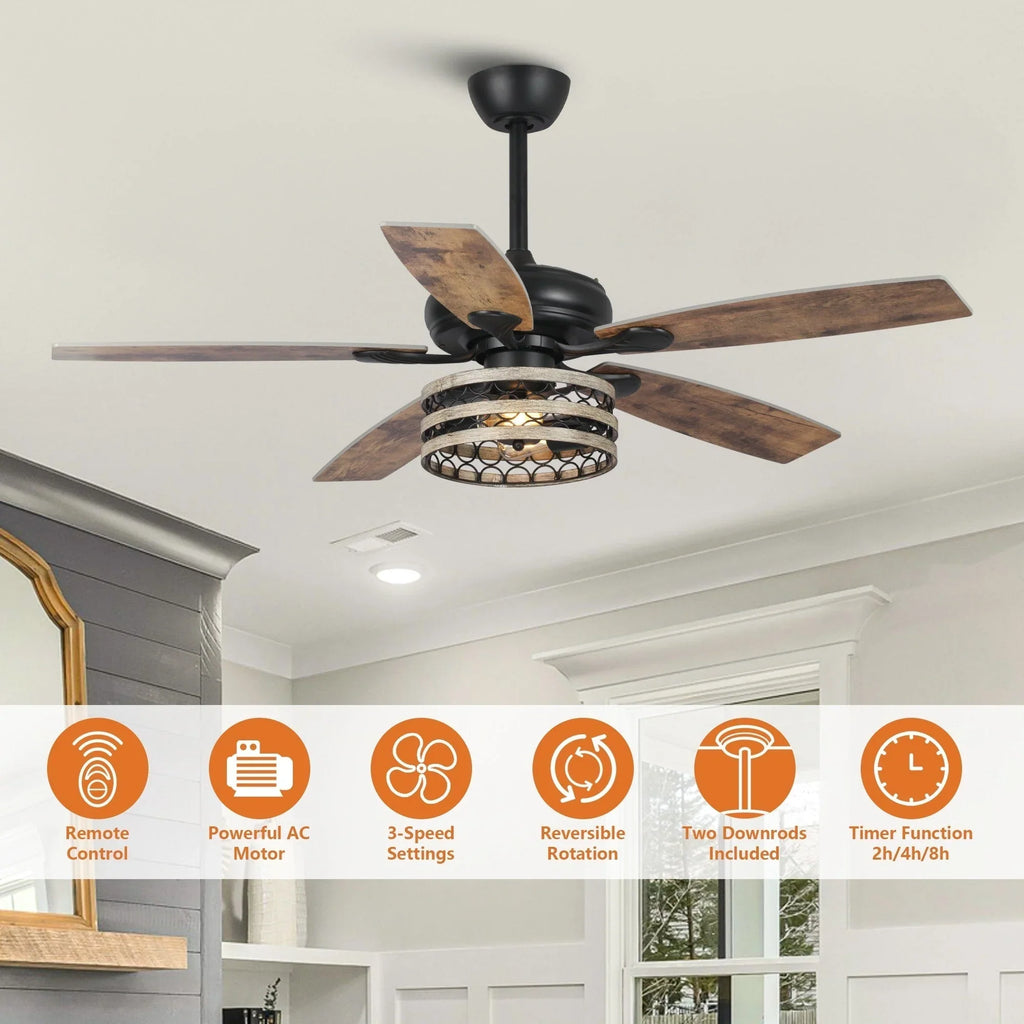 Ventilatore da soffitto da 52 pollici Farmhouse Driftwood a 5 pale, nero, con gabbia, con telecomando