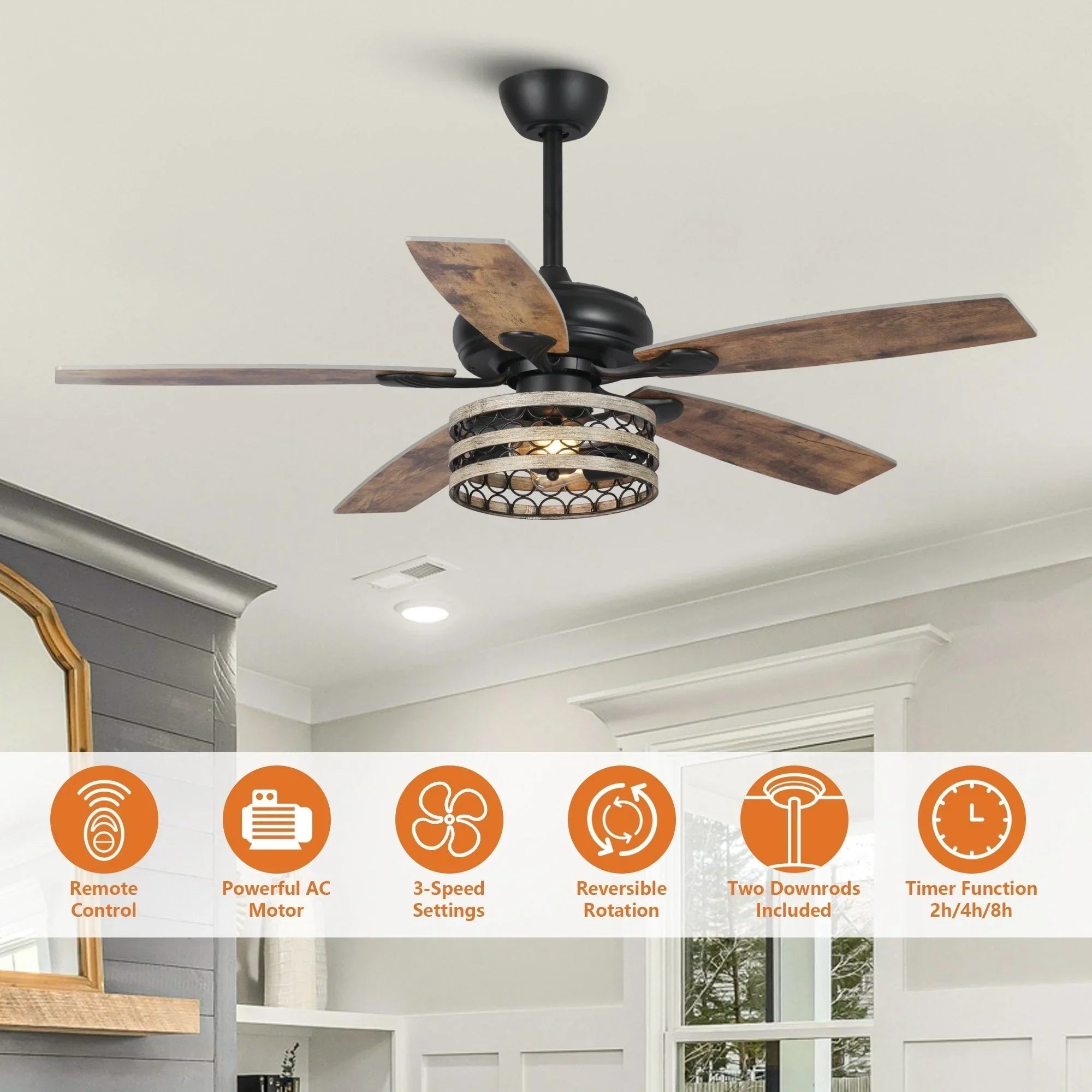 Ventilatore da soffitto da 52 pollici Farmhouse Driftwood a 5 pale, nero, con gabbia, con telecomando