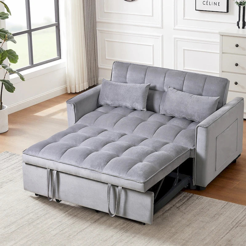 Divanetto Futon Moderno in Velluto con Schienale Reclinabile e Tasche, 2 Posti - Grigio Scuro / Grigio Chiaro / Blu / Nero
