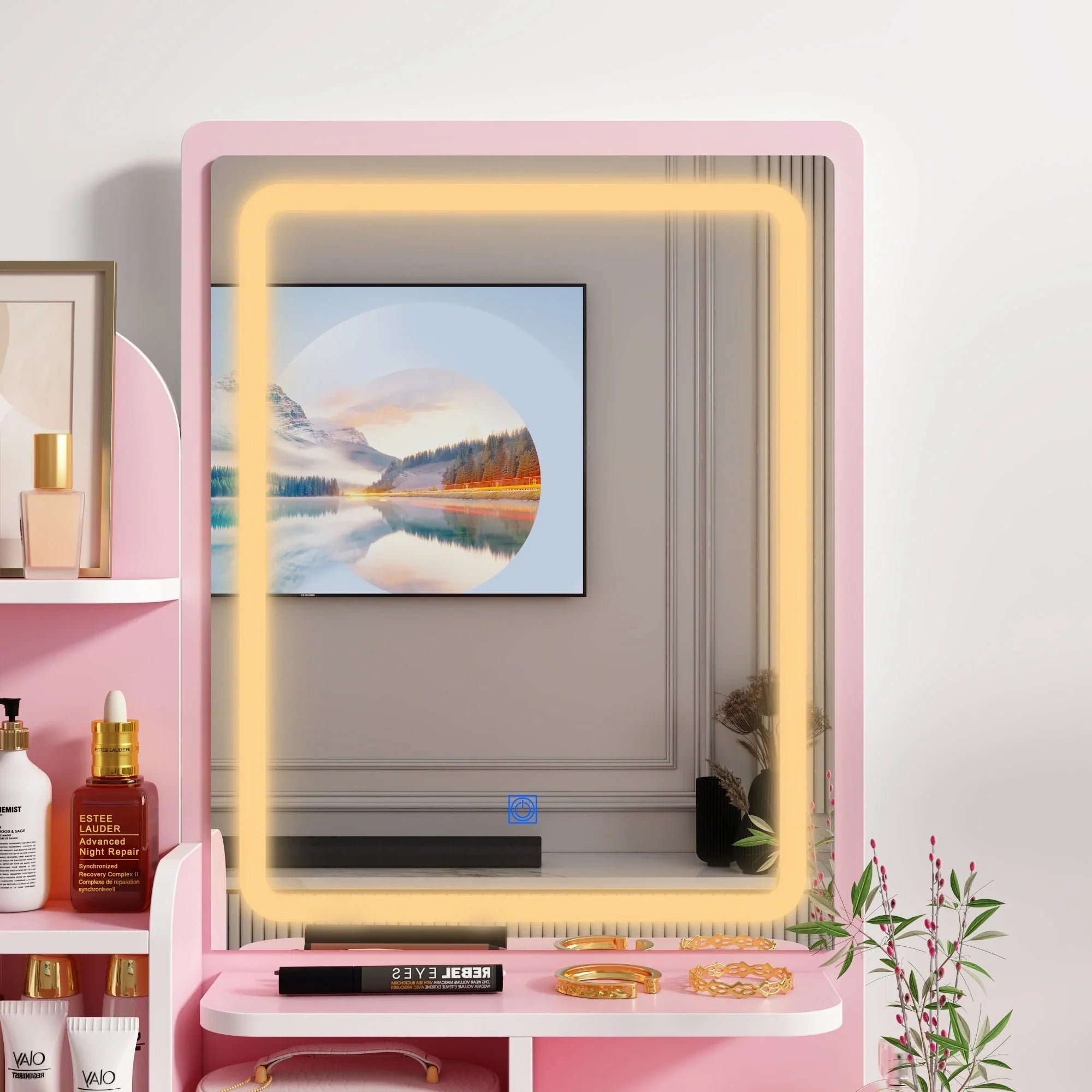 Tavolo da Trucco con Luci a LED, Specchio e Sgabello