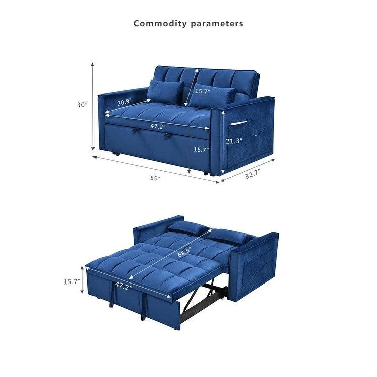 Divanetto Futon Moderno in Velluto con Schienale Reclinabile e Tasche, 2 Posti - Grigio Scuro / Grigio Chiaro / Blu / Nero