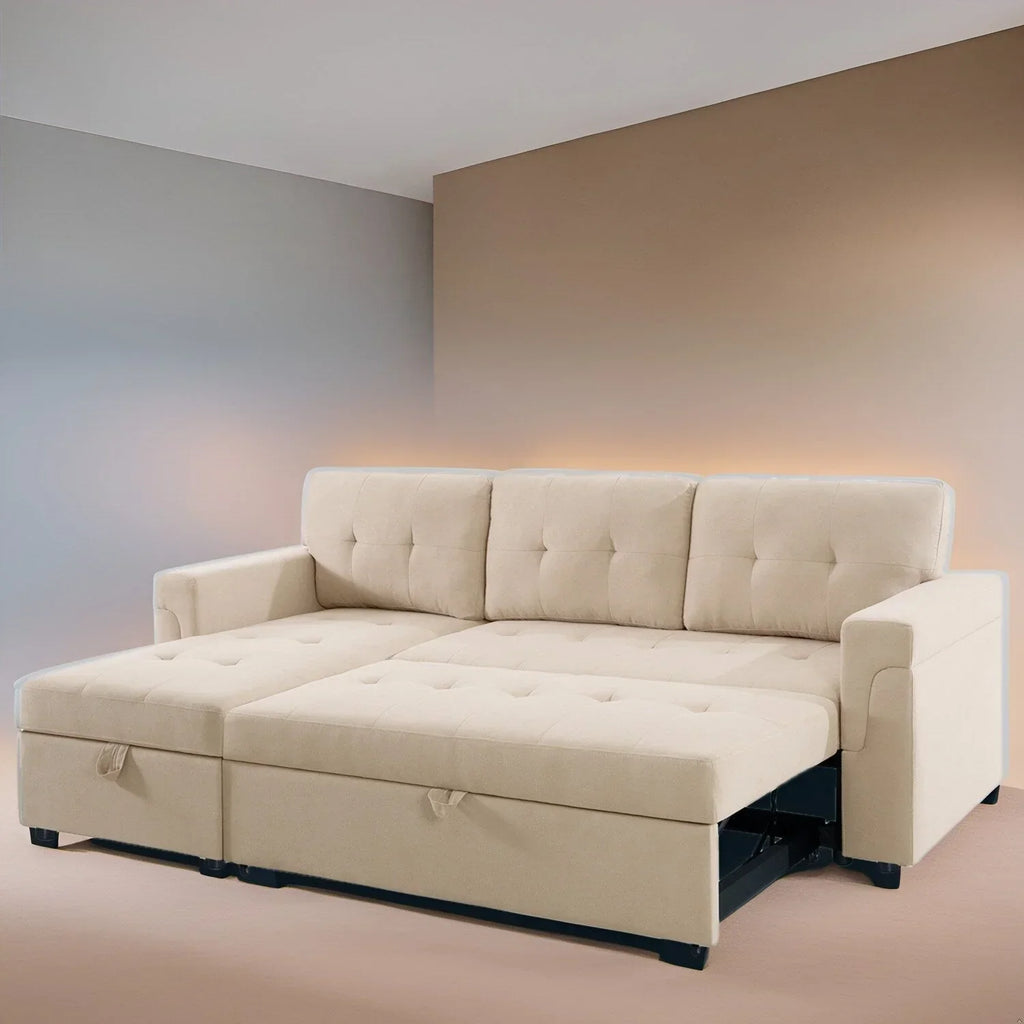Divano componibile convertibile reversibile con letto estraibile, chaise longue con contenitore nascosto e gambe durevoli