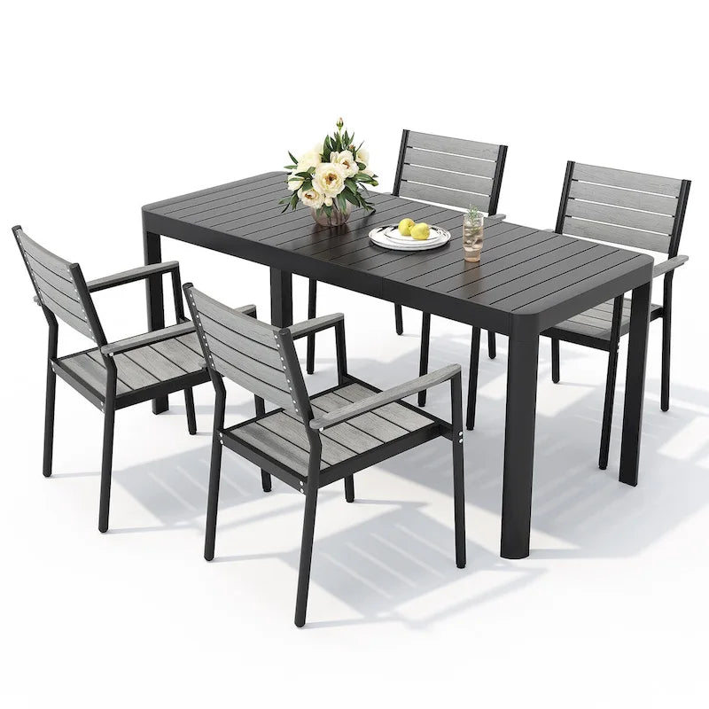 Set da Pranzo da Esterno a 5/7 Pezzi per Patio con Sedie Impilabili in Alluminio e Tavolo Allungabile