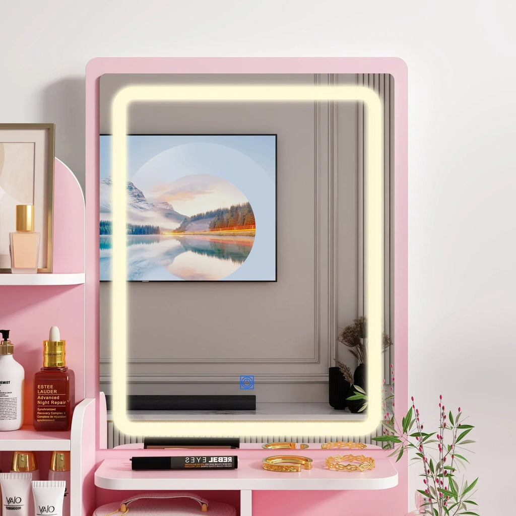 Tavolo da Trucco con Luci a LED, Specchio e Sgabello