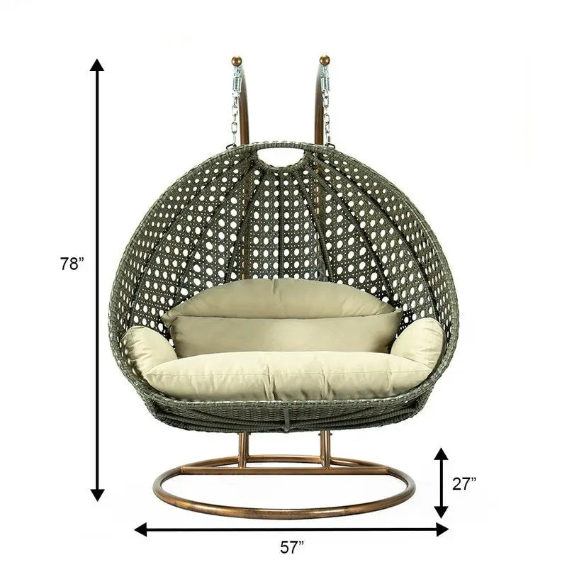 Sedia sospesa a dondolo a forma di uovo con supporto in metallo, telaio in vimini e cuscino – Beige / Blu antracite / Bianco / Blu / Bianco antico / Marrone / Tela, 2 posti