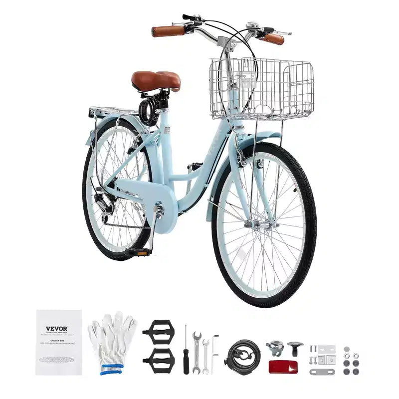 VEVOR Cruiser Bike, 7 velocità, Bici Cruiser da Spiaggia 26 Pollici Azzurro con Cestino Grande Capacità e Portapacchi Posteriore, Bici Cruiser Sicura e Robusta, Azzurro