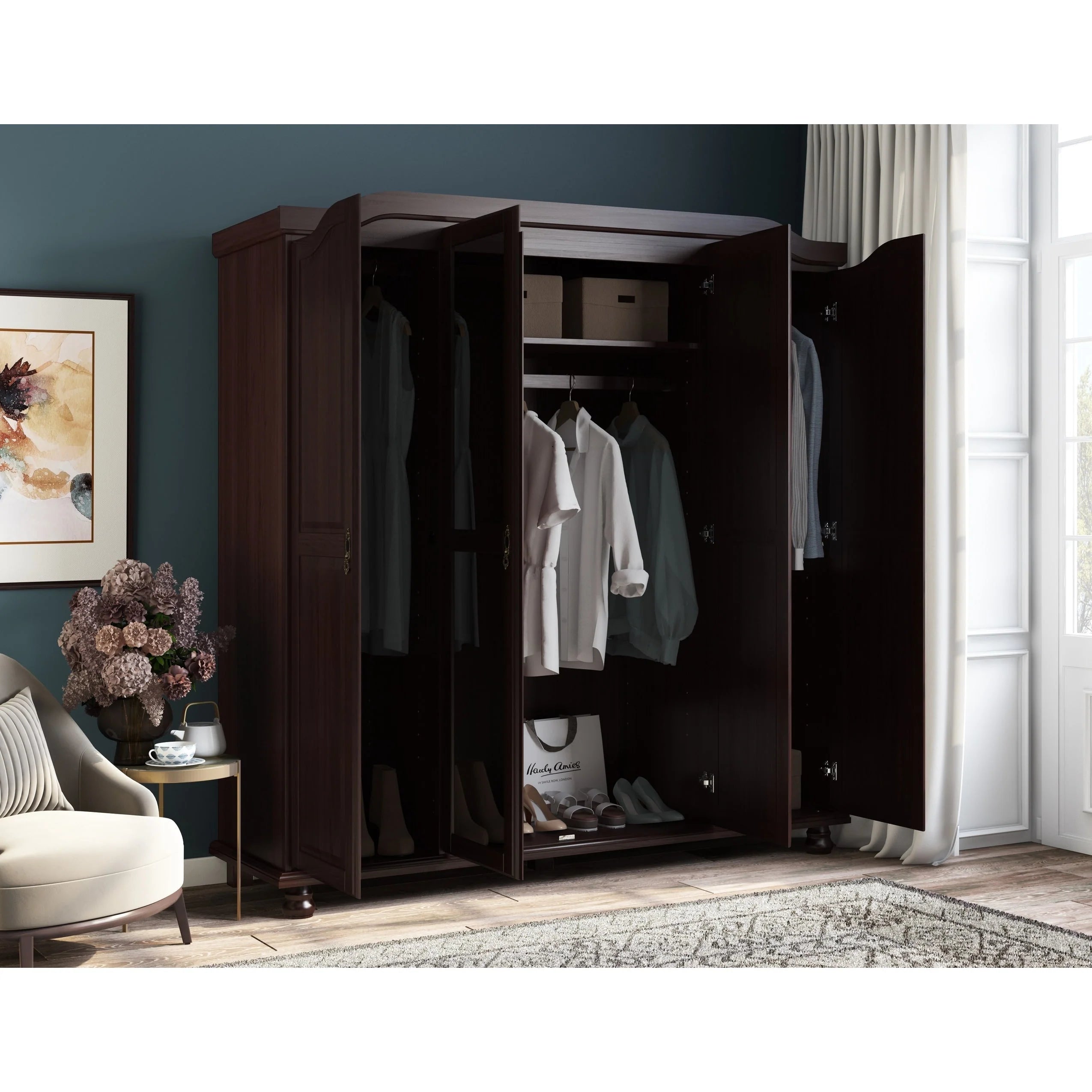 Palace Imports Armadio Kyle a 4 Ante in 100% Legno Massello con Ante in Legno Massello o a Specchio