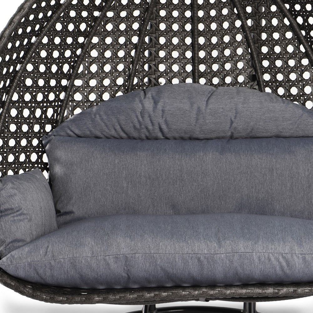 LeisureMod Sedia a Uovo Sospesa per 2 Persone con Supporto - Dondolo Pensile per Esterni/Interni in Rattan Intrecciato con Cuscini