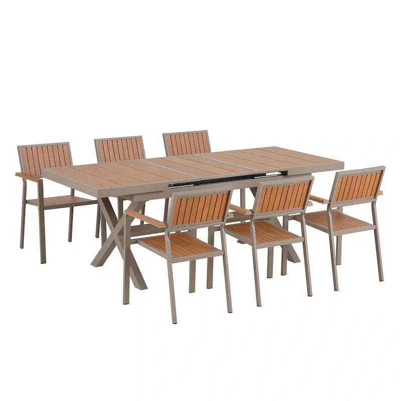 Set da pranzo da esterno allungabile a 7 pezzi con tavolo allungabile e 6 sedie con braccioli