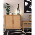 2-Door Cabinet with Woven Rattan Panels – Acacia Wood, Indonesian Craft, 2 Shelves