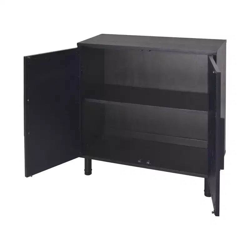 2-Door Cabinet with Woven Rattan Panels – Acacia Wood, Indonesian Craft, 2 Shelves