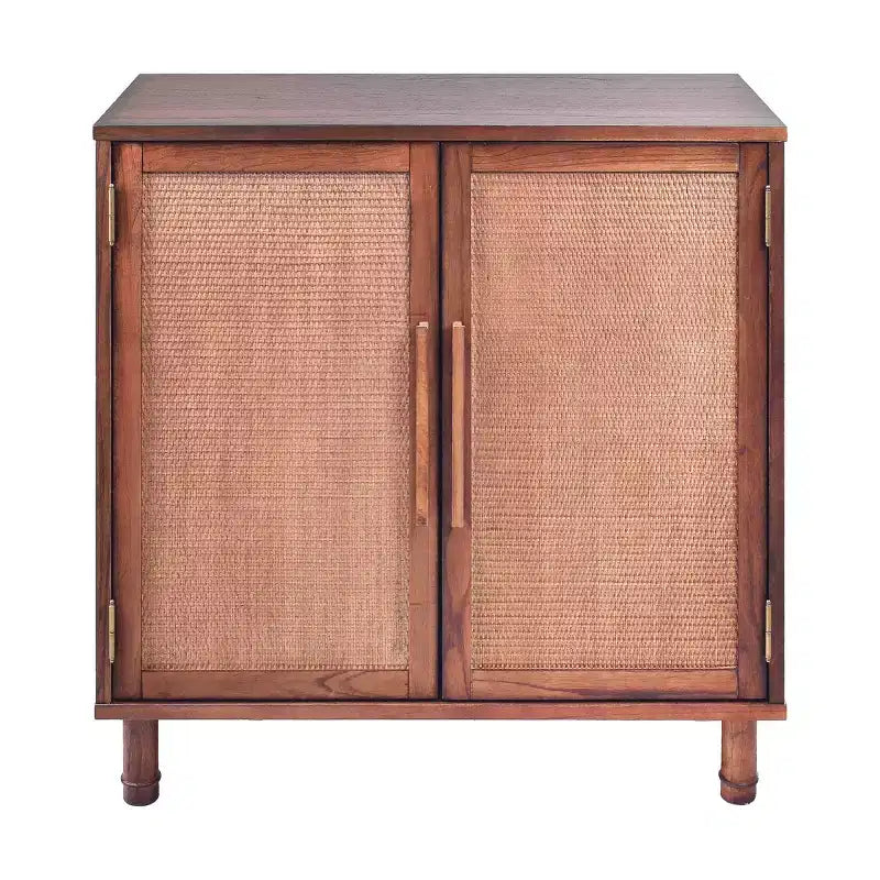 2-Door Cabinet with Woven Rattan Panels – Acacia Wood, Indonesian Craft, 2 Shelves