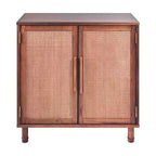 2-Door Cabinet with Woven Rattan Panels – Acacia Wood, Indonesian Craft, 2 Shelves
