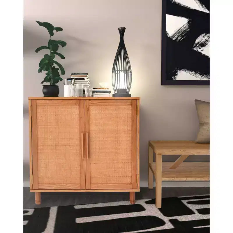 2-Door Cabinet with Woven Rattan Panels – Acacia Wood, Indonesian Craft, 2 Shelves