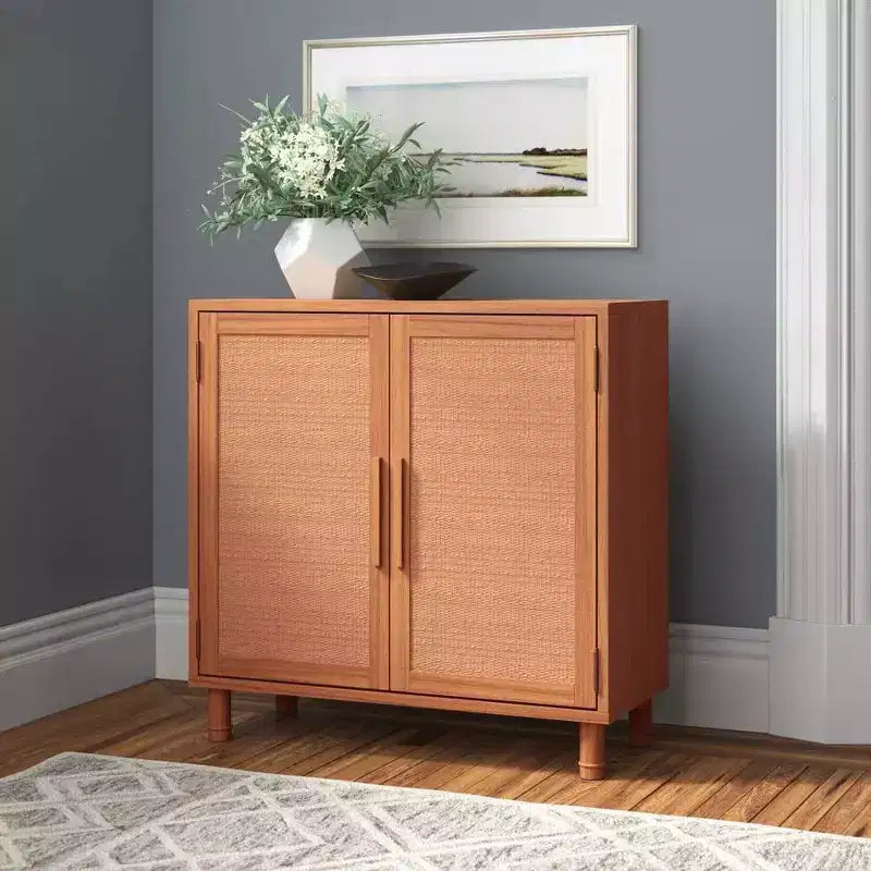 2-Door Cabinet with Woven Rattan Panels – Acacia Wood, Indonesian Craft, 2 Shelves