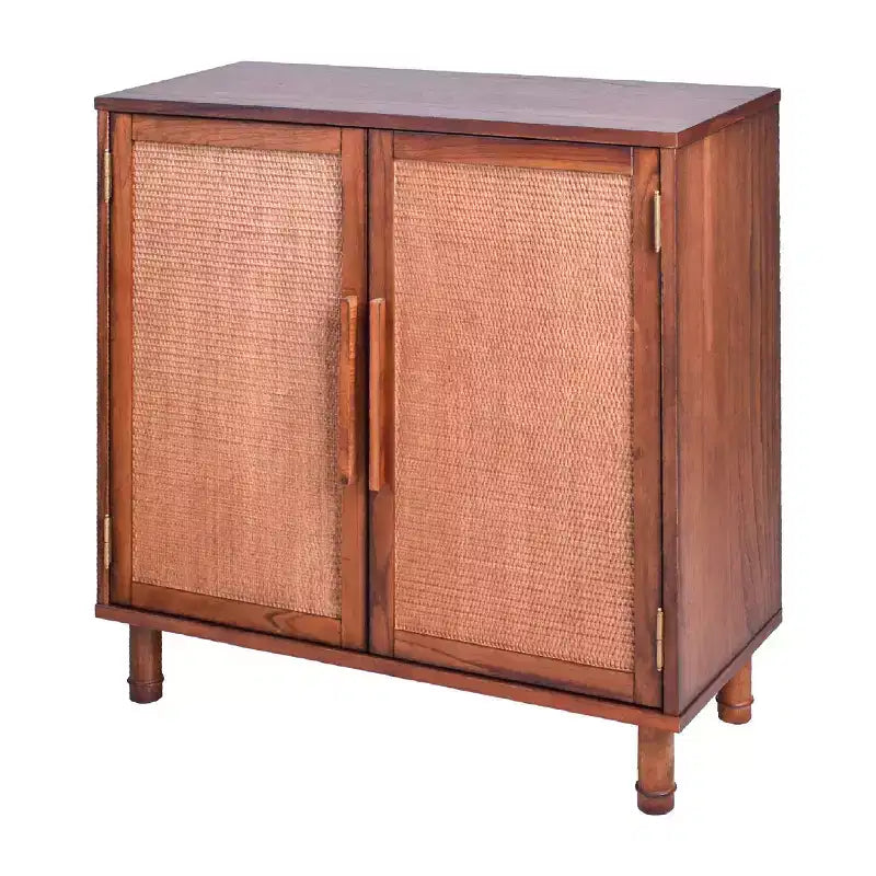 2-Door Cabinet with Woven Rattan Panels – Acacia Wood, Indonesian Craft, 2 Shelves