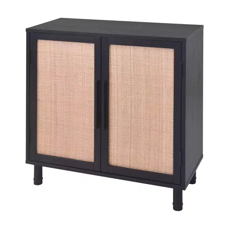 2-Door Cabinet with Woven Rattan Panels – Acacia Wood, Indonesian Craft, 2 Shelves