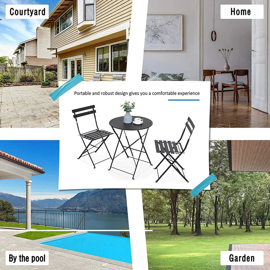 Set bistro pieghevole in metallo da 3 pezzi, set conversazione resistente alle intemperie per esterni/interni, per patio, cortile, giardino