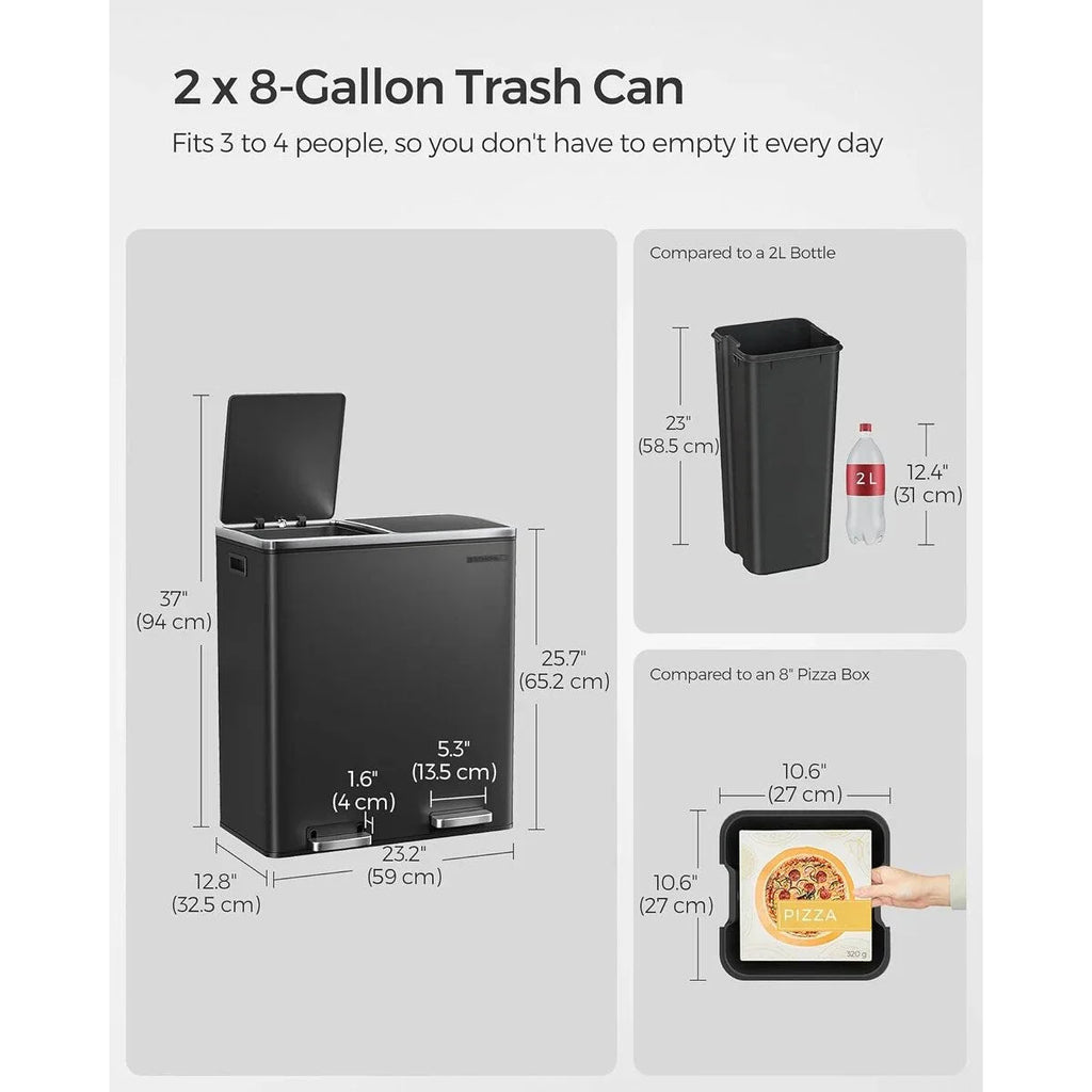 SONGMICS Pattumiera Doppia, 60L (2 x 30L) Cestino per la Raccolta Differenziata in Acciaio Inossidabile, Nero