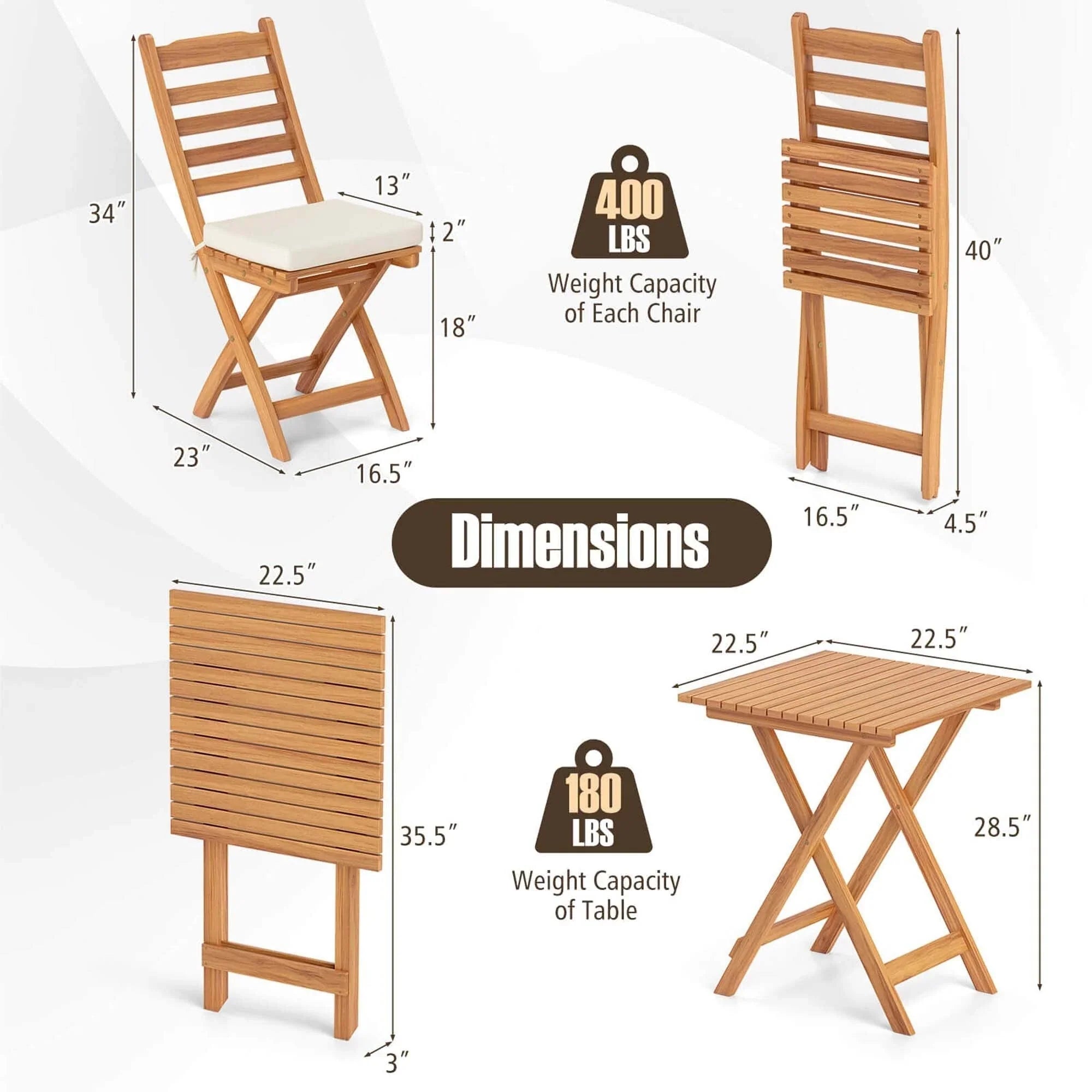 Patiojoy Set Bistro Pieghevole 3 Pezzi con Cuscini Rimovibili - Vedi Dettagli