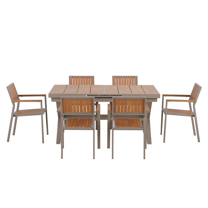 Set da pranzo da esterno allungabile a 7 pezzi con tavolo allungabile e 6 sedie con braccioli