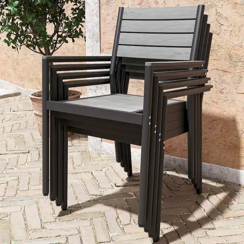 Set da Pranzo da Esterno a 5/7 Pezzi per Patio con Sedie Impilabili in Alluminio e Tavolo Allungabile