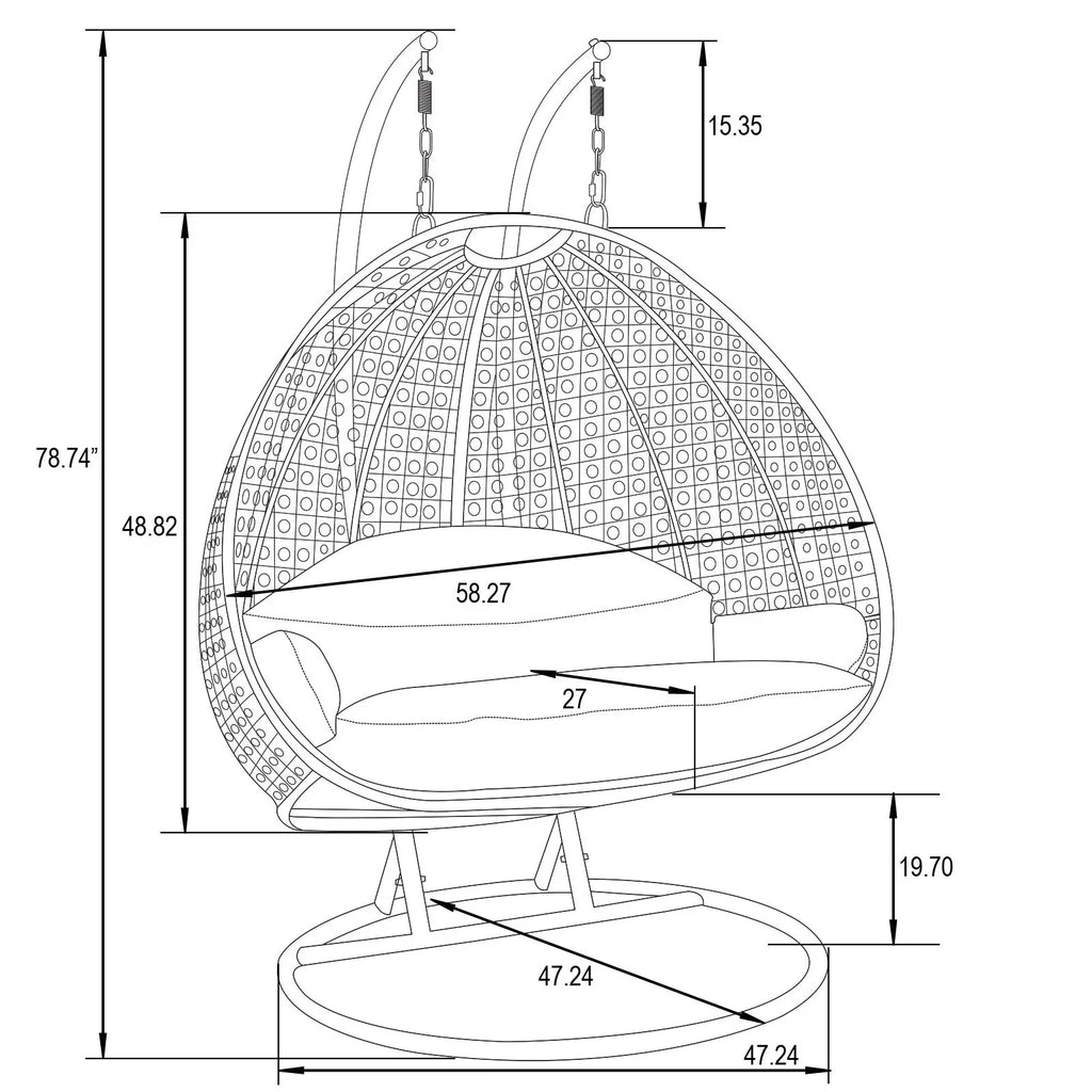 LeisureMod Sedia a Uovo Sospesa per 2 Persone con Supporto - Dondolo Pensile per Esterni/Interni in Rattan Intrecciato con Cuscini