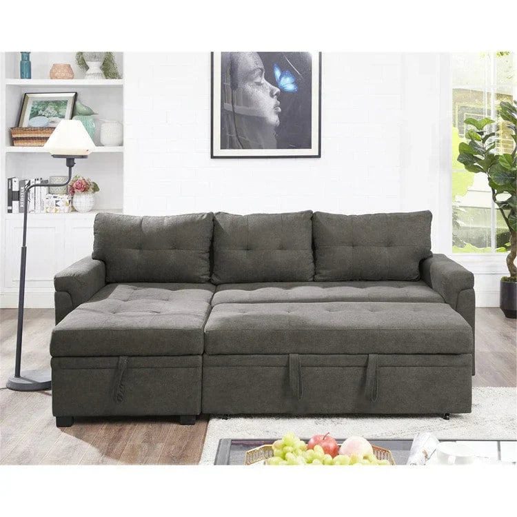 Divano componibile convertibile reversibile con letto estraibile, chaise longue con contenitore nascosto e gambe durevoli