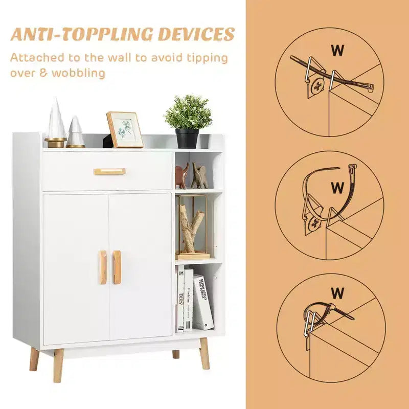 Floor Storage Cabinet – White, 1 Drawer, 2 Doors & 3 Open Shelves, Rubber Wood Legs