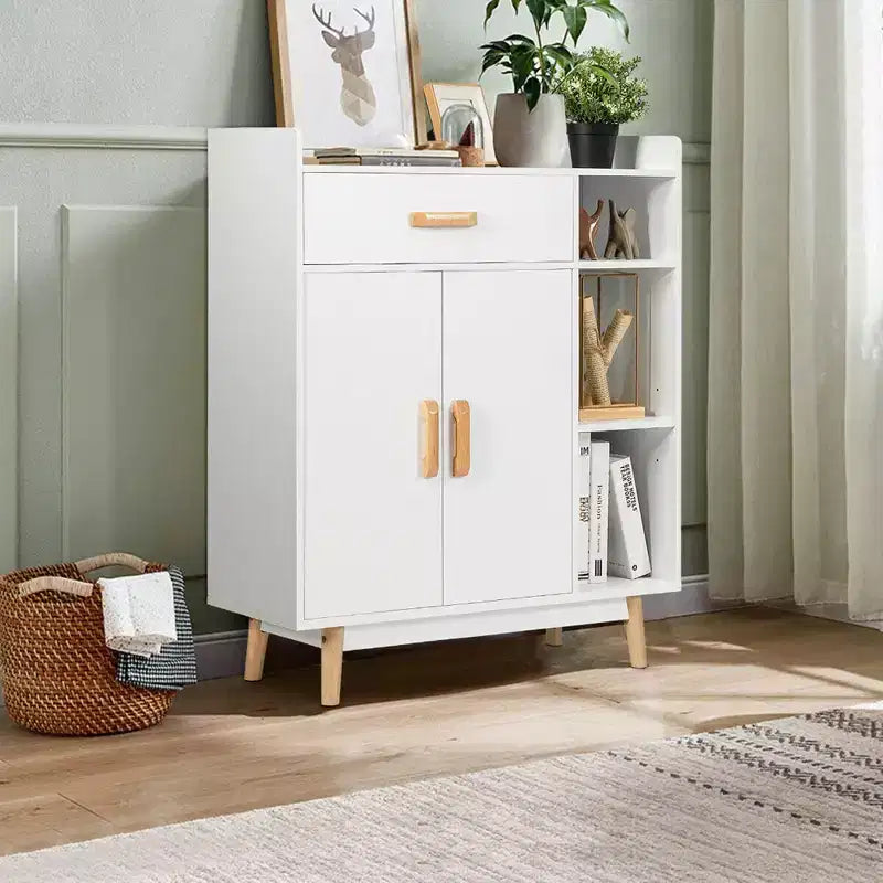 Floor Storage Cabinet – White, 1 Drawer, 2 Doors & 3 Open Shelves, Rubber Wood Legs