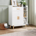Floor Storage Cabinet – White, 1 Drawer, 2 Doors & 3 Open Shelves, Rubber Wood Legs