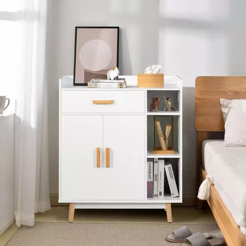 Floor Storage Cabinet – White, 1 Drawer, 2 Doors & 3 Open Shelves, Rubber Wood Legs