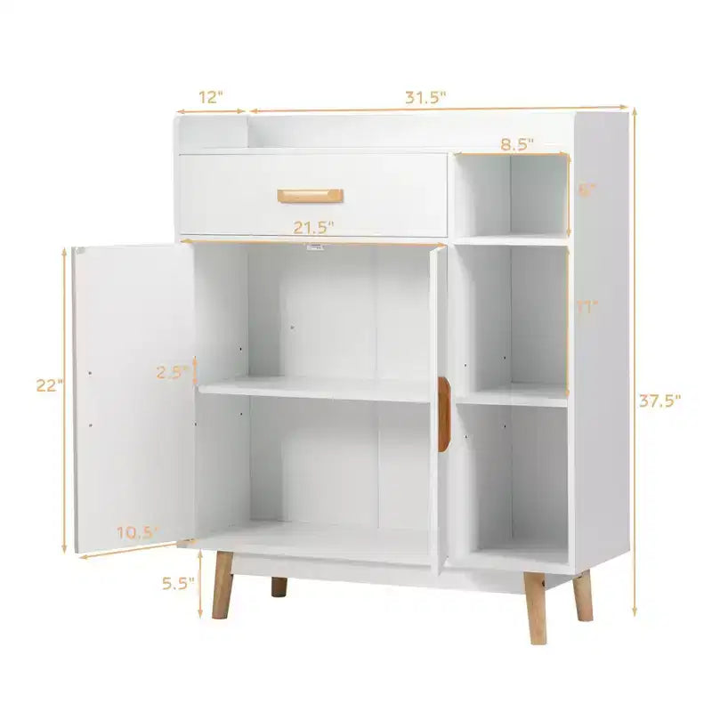 Floor Storage Cabinet – White, 1 Drawer, 2 Doors & 3 Open Shelves, Rubber Wood Legs