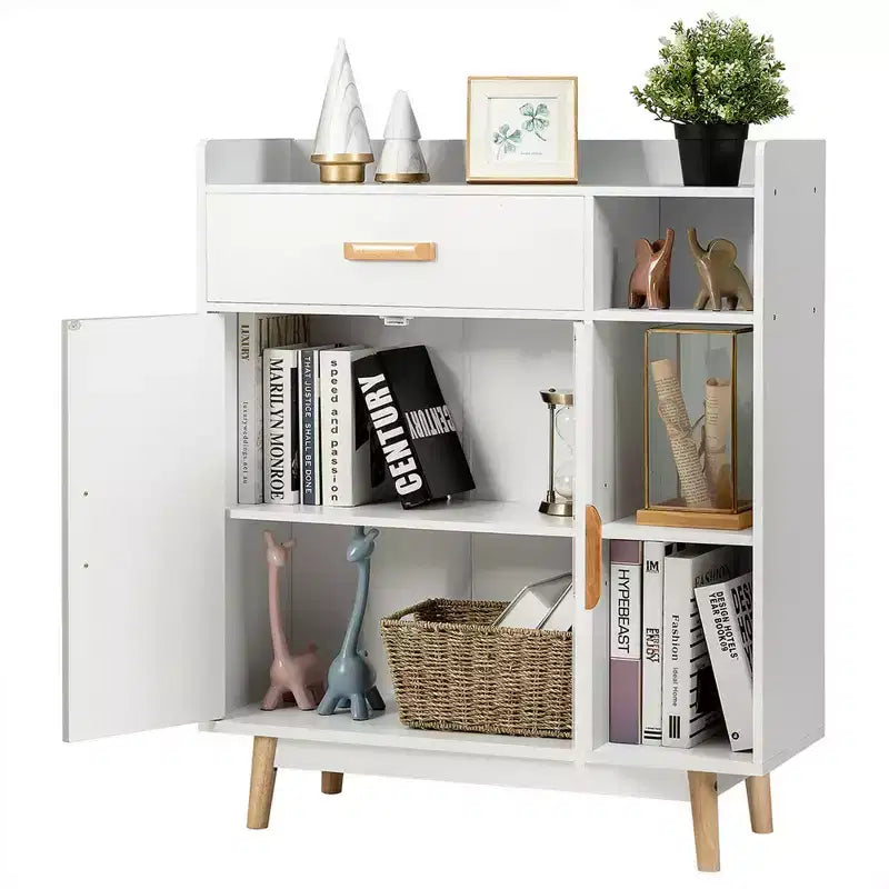 Floor Storage Cabinet – White, 1 Drawer, 2 Doors & 3 Open Shelves, Rubber Wood Legs