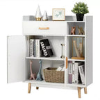 Floor Storage Cabinet – White, 1 Drawer, 2 Doors & 3 Open Shelves, Rubber Wood Legs