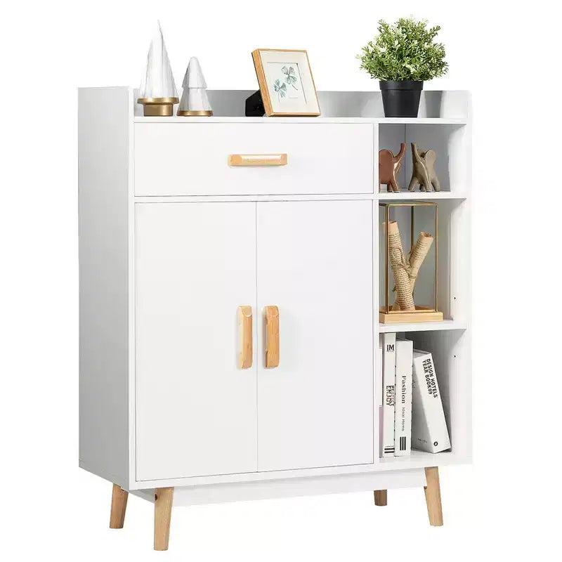 Floor Storage Cabinet – White, 1 Drawer, 2 Doors & 3 Open Shelves, Rubber Wood Legs
