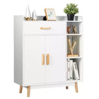 Floor Storage Cabinet – White, 1 Drawer, 2 Doors & 3 Open Shelves, Rubber Wood Legs