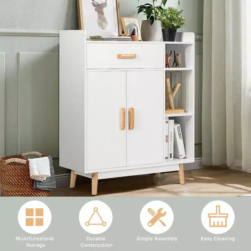 Floor Storage Cabinet – White, 1 Drawer, 2 Doors & 3 Open Shelves, Rubber Wood Legs