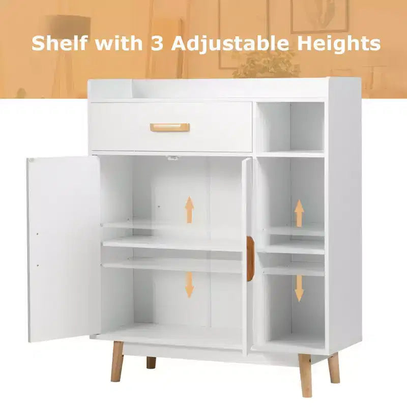 Floor Storage Cabinet – White, 1 Drawer, 2 Doors & 3 Open Shelves, Rubber Wood Legs