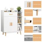Floor Storage Cabinet – White, 1 Drawer, 2 Doors & 3 Open Shelves, Rubber Wood Legs