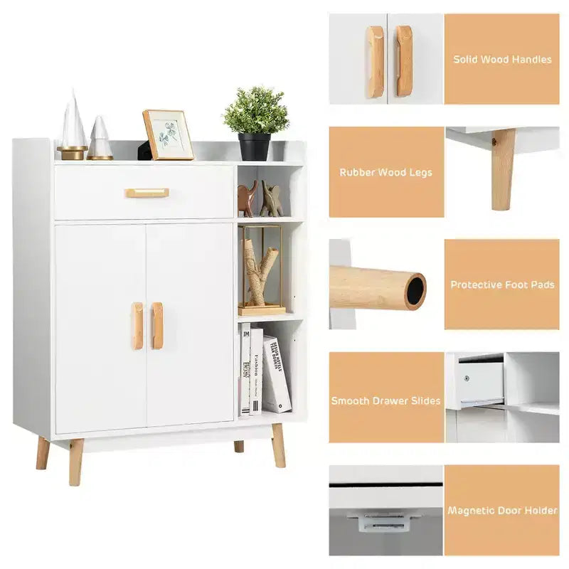 Floor Storage Cabinet – White, 1 Drawer, 2 Doors & 3 Open Shelves, Rubber Wood Legs