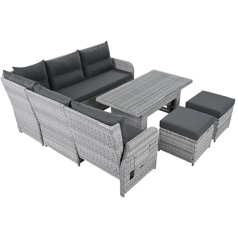 Set da esterni in rattan con tavolo regolabile, poltrone reclinabili e 2 pouf