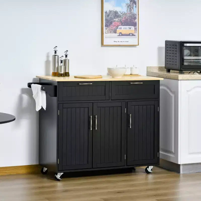 HOMCOM Modern Kitchen Island Cart on Wheels with Storage Drawers, Rolling Utility Cart with Adjustable Shelves, Cabinets and Towel Rack, Black