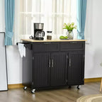 HOMCOM Modern Kitchen Island Cart on Wheels with Storage Drawers, Rolling Utility Cart with Adjustable Shelves, Cabinets and Towel Rack, Black